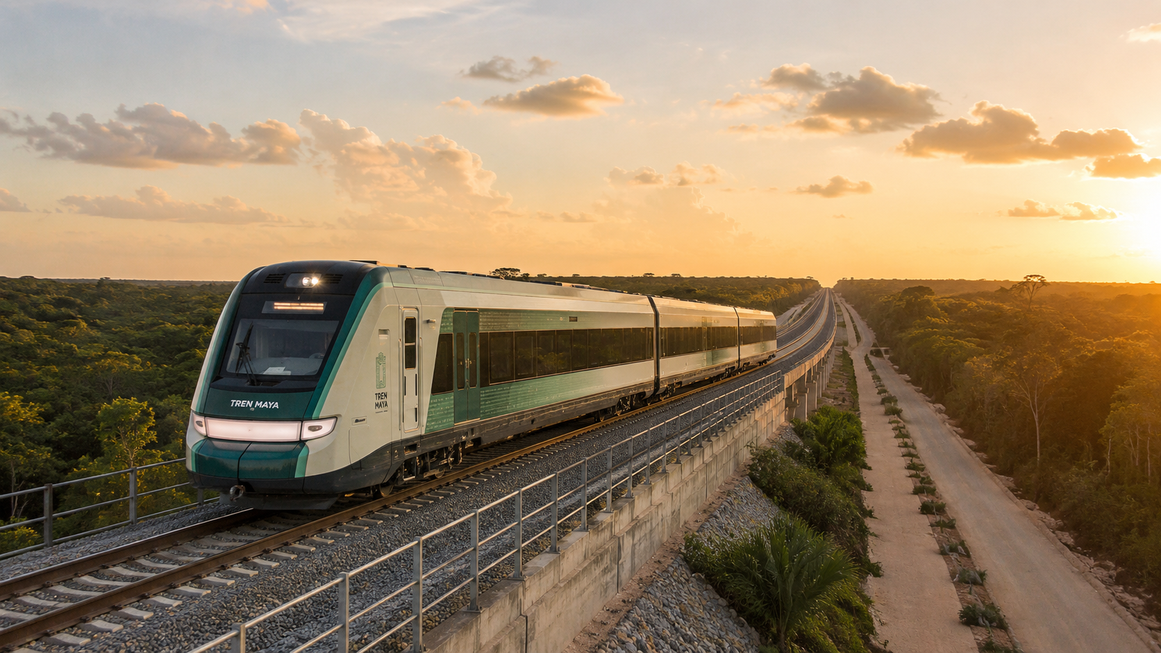 Tren moderno recorriendo infraestructura ferroviaria en el sureste de México.